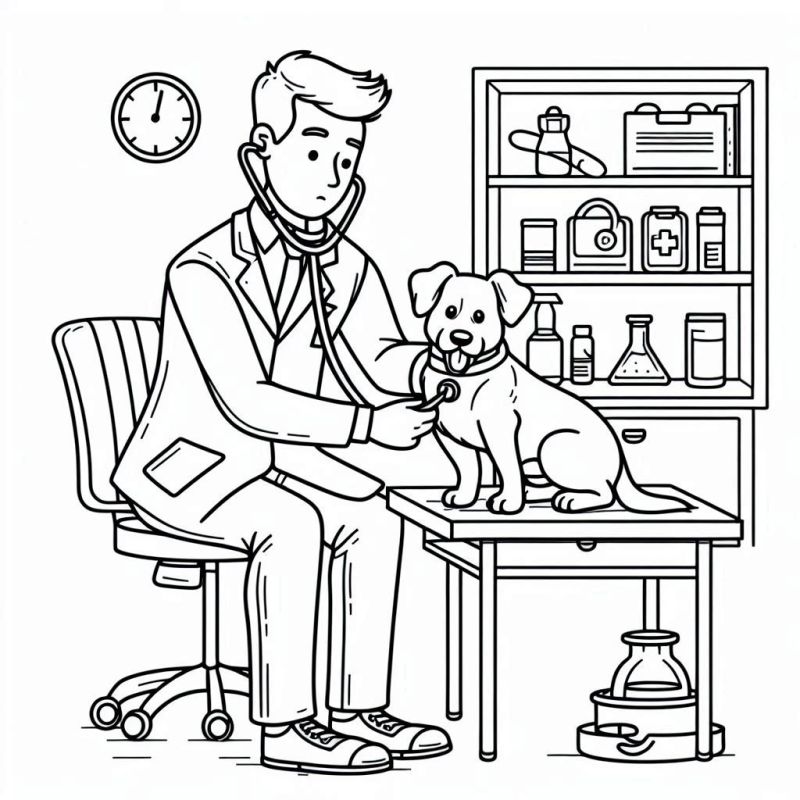 Desenho de clínica veterinária para colorir com veterinário examinando um cachorro