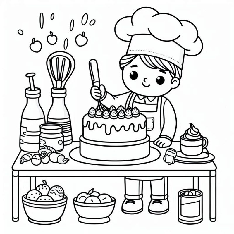 Desenho para colorir de uma criança chef de cozinha decorando um bolo com frutas