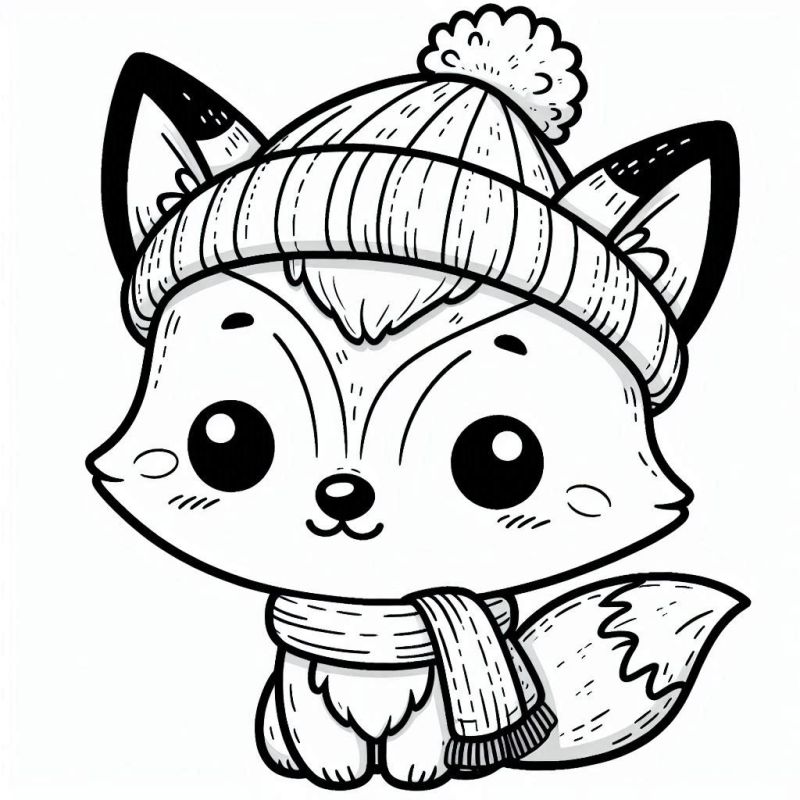 Desenho de raposa kawaii com touca de inverno e cachecol para colorir