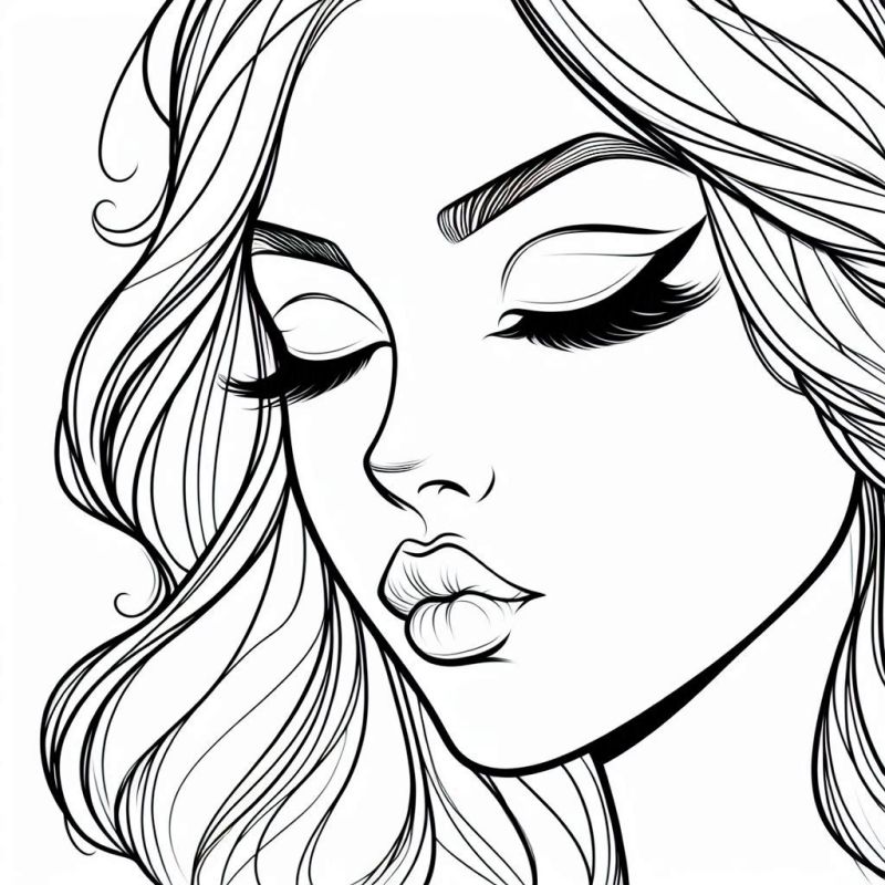 Desenho em preto e branco para colorir de um rosto feminino elegantemente maquiado e com cabelo ondulado