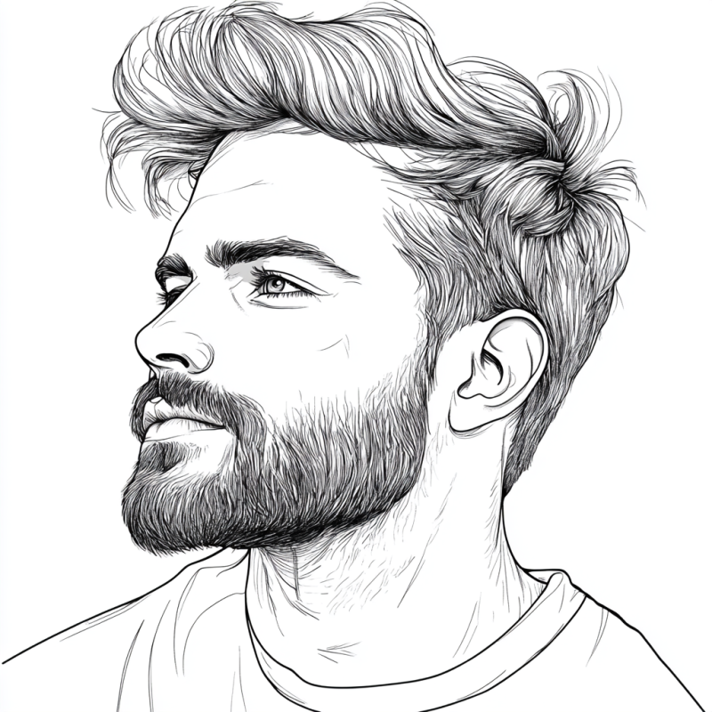 Desenho detalhado de rosto masculino com cabelo volumoso e barba para colorir