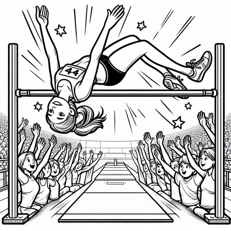 Desenho de salto em altura nos Jogos Olímpicos para colorir, mostrando uma atleta no momento do salto.