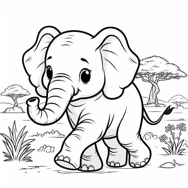 Desenho de elefantinho curioso na savana africana para colorir