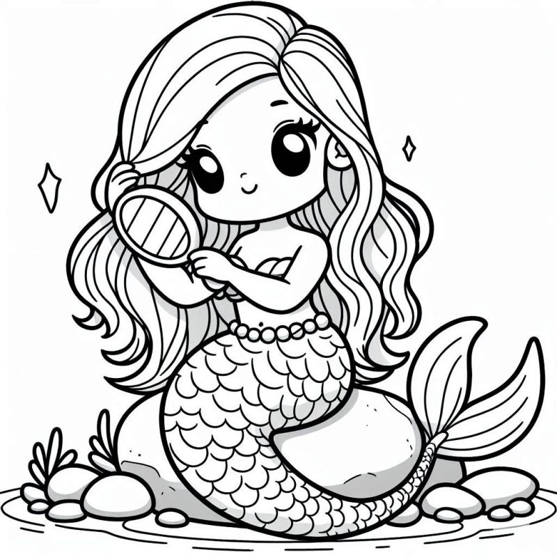 Desenho de uma simpática e adorável sereia chibi para colorir