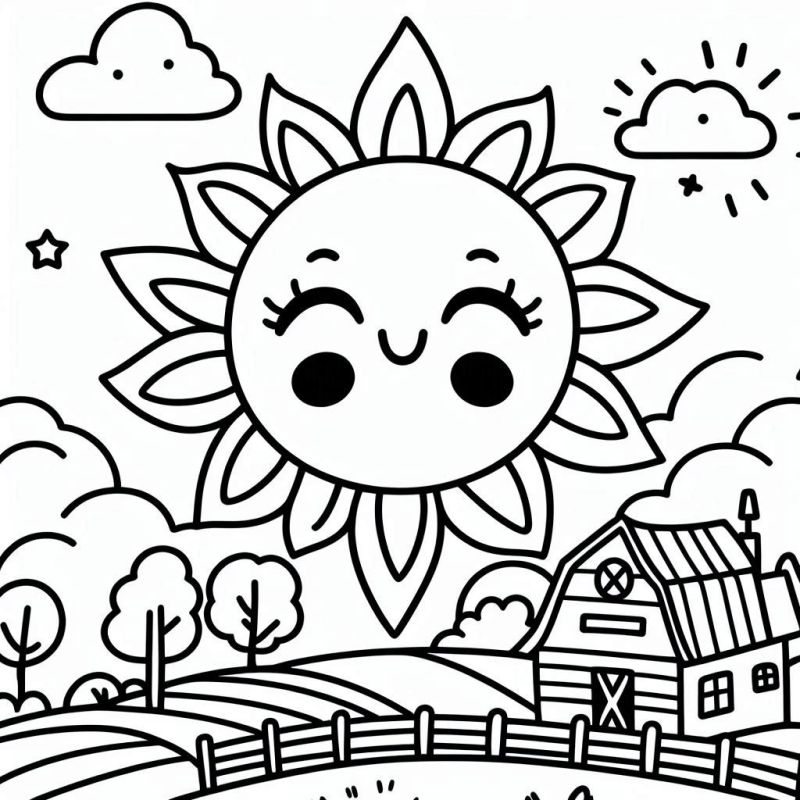 Desenho de sol sorridente para colorir com casa de campo e árvores