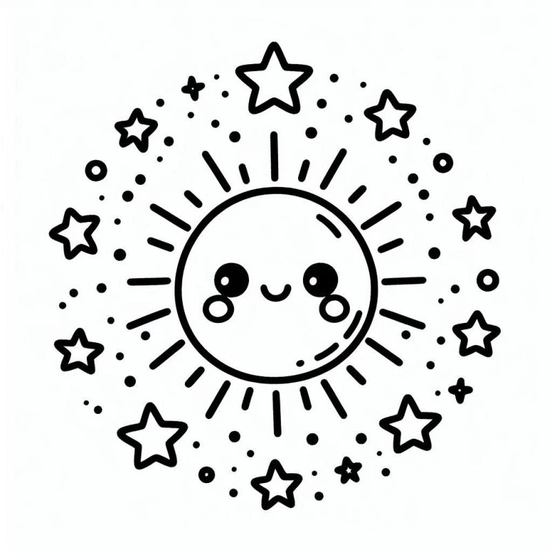 Desenho de sol sorridente com raios e estrelas para colorir