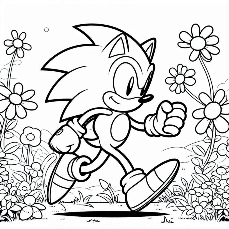 Desenho do Sonic em movimento para colorir com cenário floral ao fundo