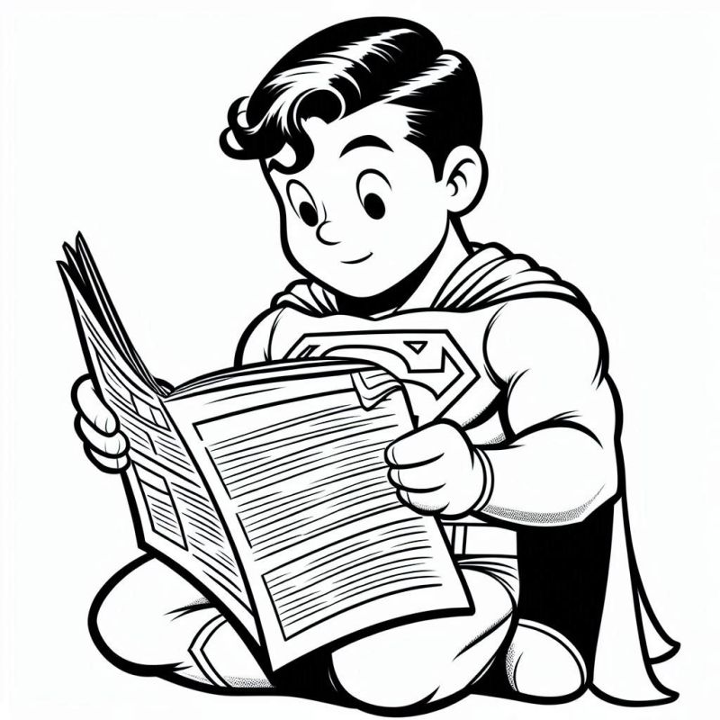 Desenho do Super Homem lendo um jornal para colorir