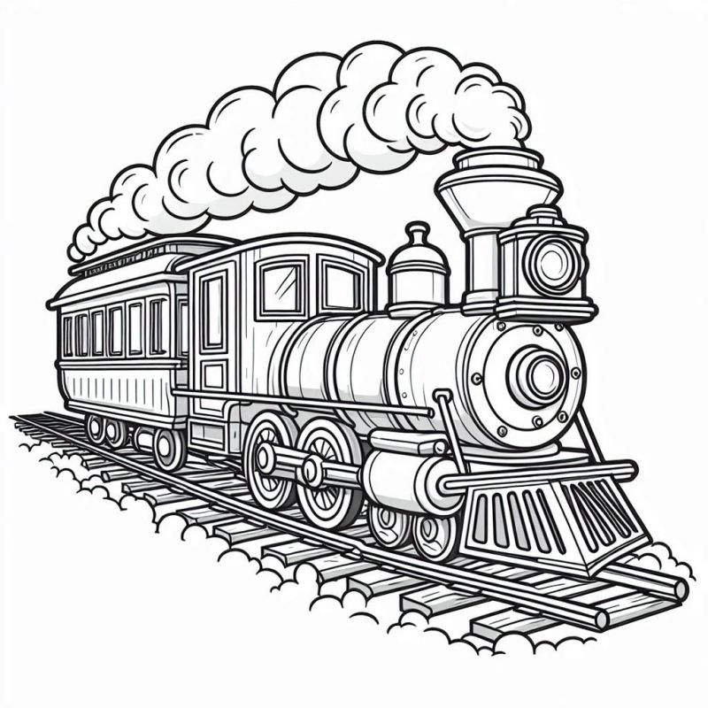 Desenho de locomotiva antiga para colorir, detalhada com chaminé, caldeira, cabine e vagão de passageiros.