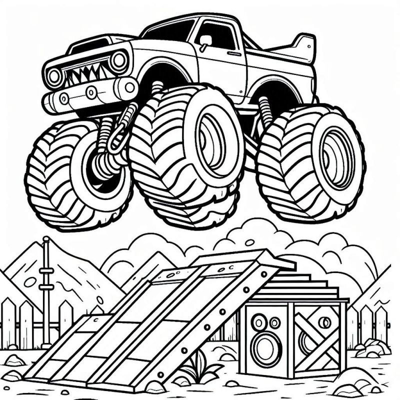 Desenho detalhado de monster truck saltando em uma cena dinâmica