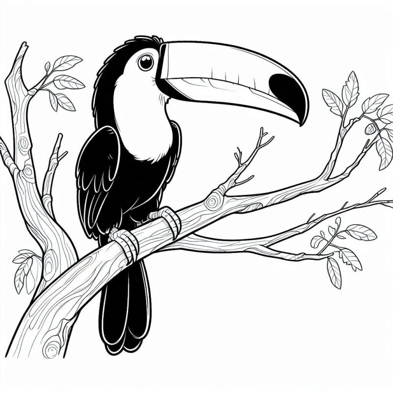 Desenho de tucano pousado em um galho para colorir