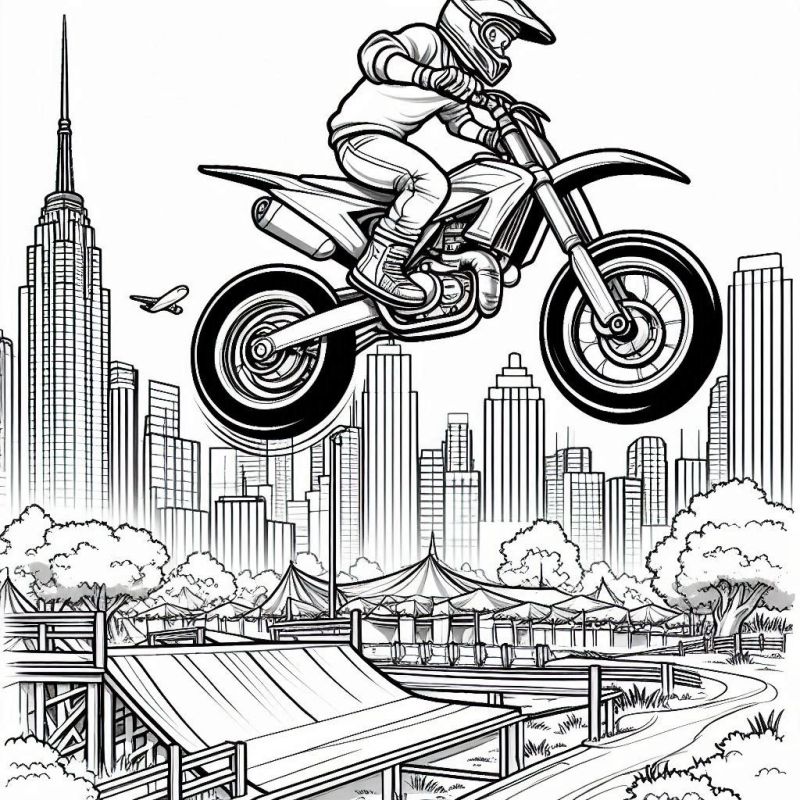 Motoqueiro de Motocross com Cenário Urbano - Desenho para Colorir