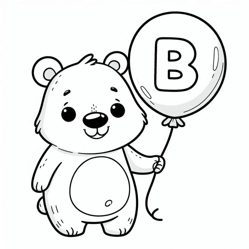 Urso Feliz com Balão e Letra B para Colorir