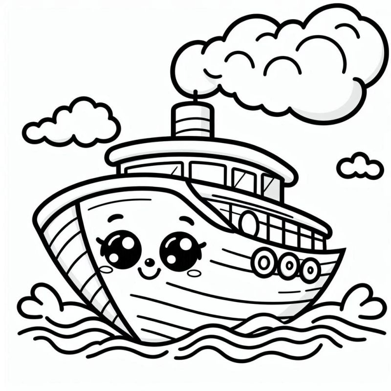 Desenho de barco antropomórfico fofo para colorir