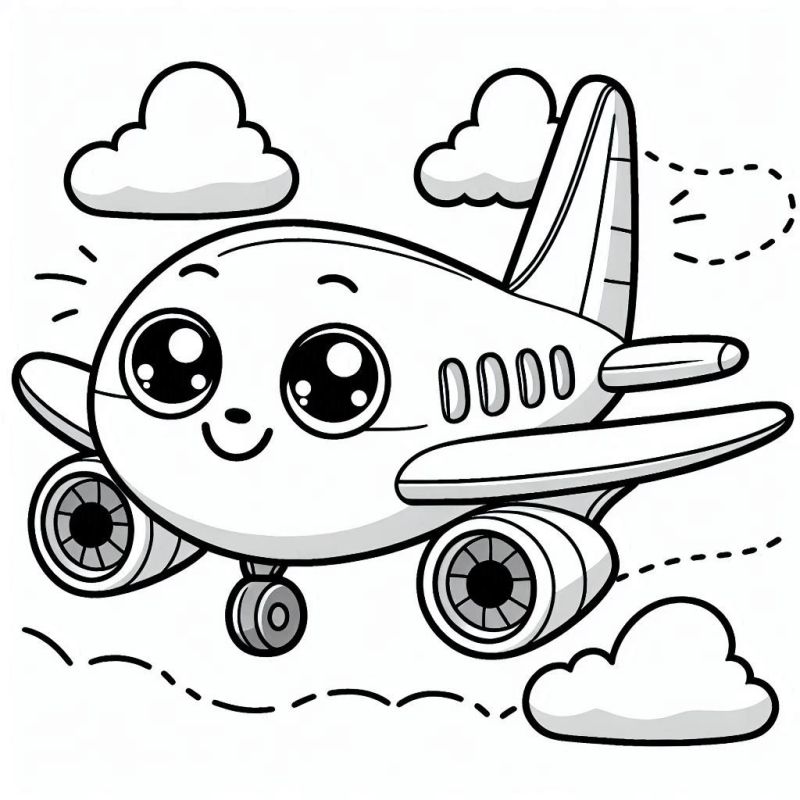 Desenho de avião fofo para colorir, com olhos grandes e um sorriso amigável, rodeado por nuvens