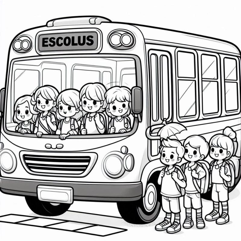 Desenho de ônibus escolar com crianças para colorir