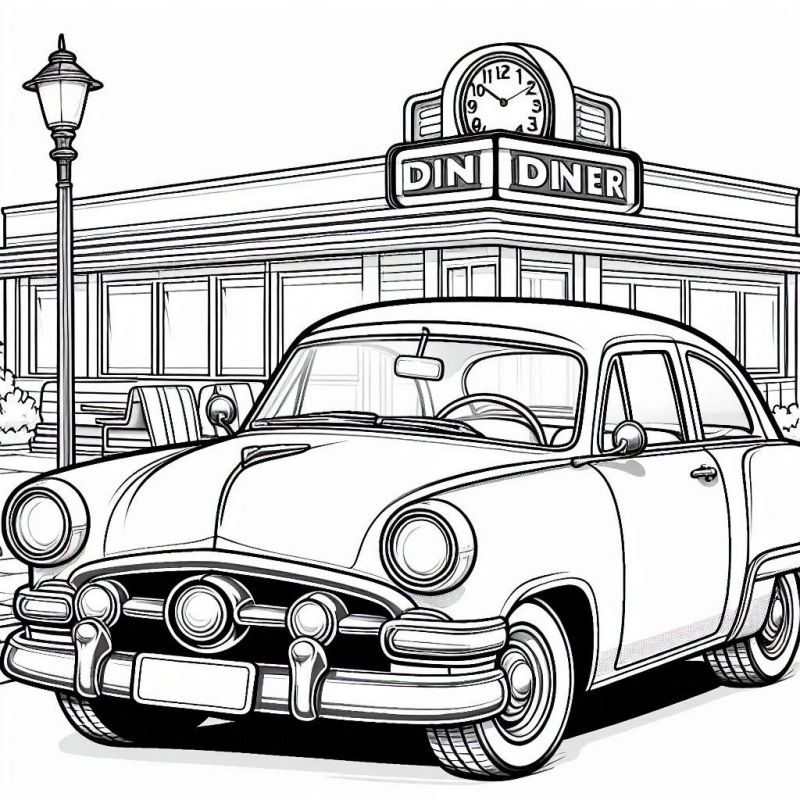 Desenho de Carro Clássico Vintage no Diner para Colorir