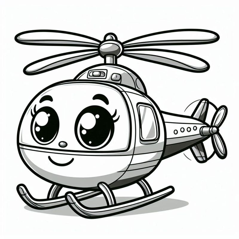 Desenho de helicóptero fofo para colorir, com características amigáveis e antropomórficas.