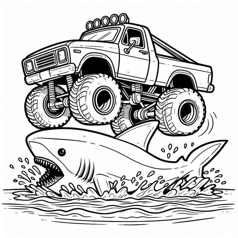 Desenho para Colorir de Monster Truck Saltando Sobre Tubarão