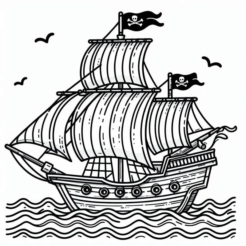 Desenho de Navio de Pirata em Mares Ondulados para Colorir