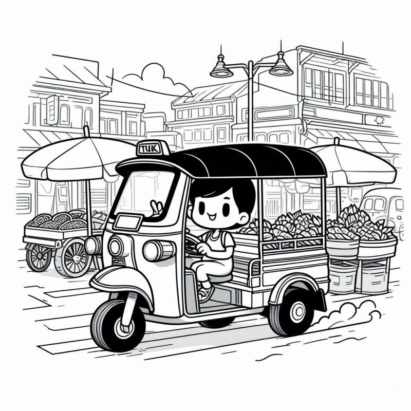 Desenho de um tuk-tuk em um mercado urbano para colorir