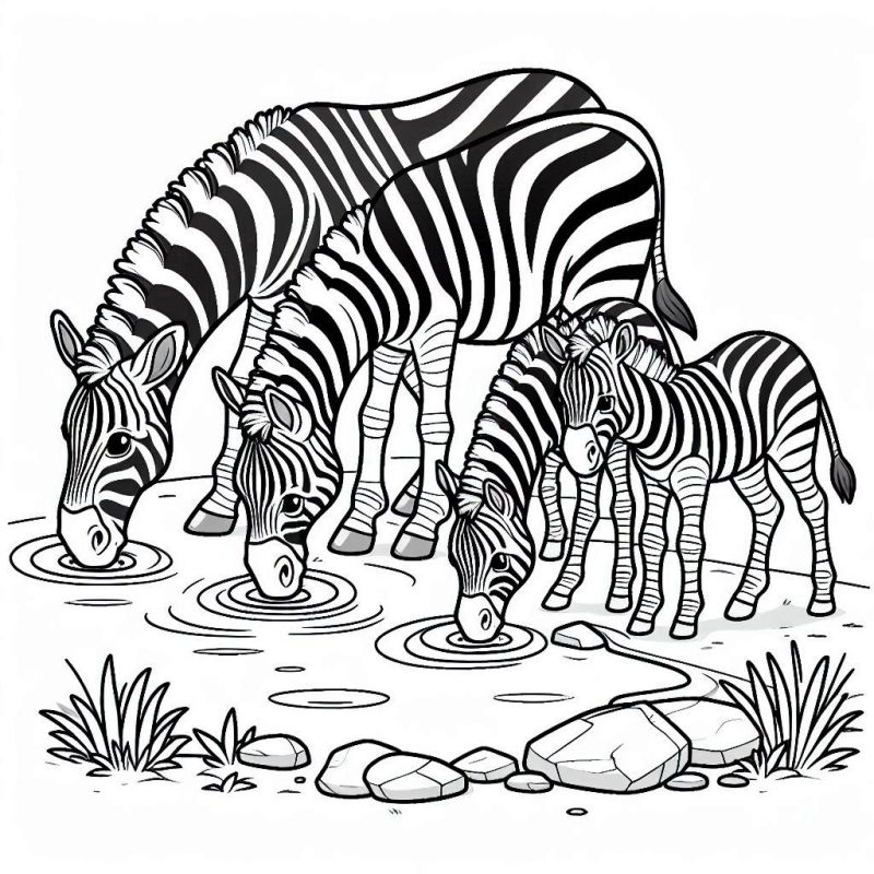 Desenho de Zebras Bebendo Água para Colorir