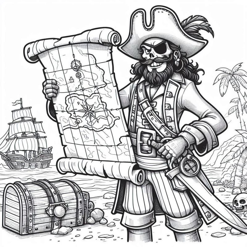 Desenho detalhado de pirata fantasma com mapa e navio para colorir