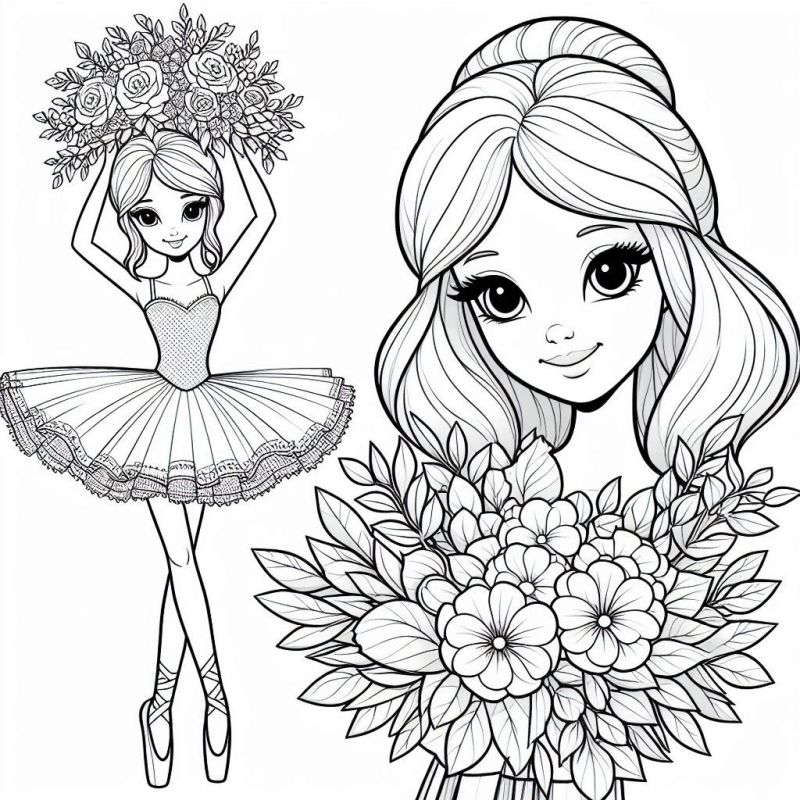 Desenho Detalhado de Bailarina com Flores Para Colorir