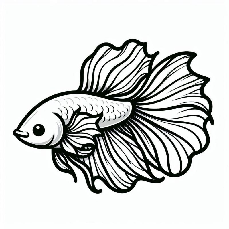 Desenho detalhado de um peixe betta com nadadeiras longas e fluidas para colorir