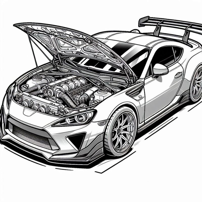 Desenho detalhado de carro esportivo com capô aberto para colorir