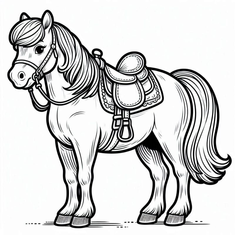 Desenho detalhado de cavalo com equipamento para colorir