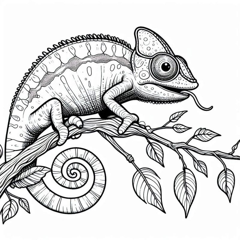 Desenho para colorir de um camaleão detalhado em uma cena natural