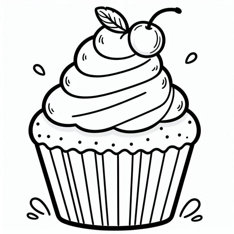 Desenho detalhado de um cupcake para colorir com cobertura cremosa e cereja