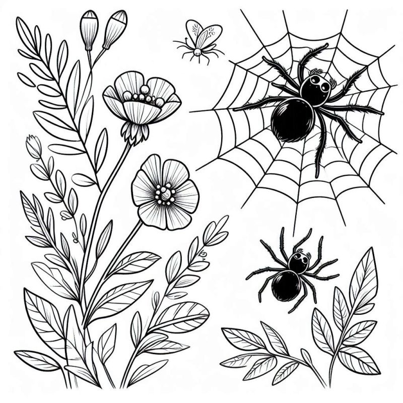 Desenho detalhado para colorir com aranhas, flores, e um pequeno inseto voador