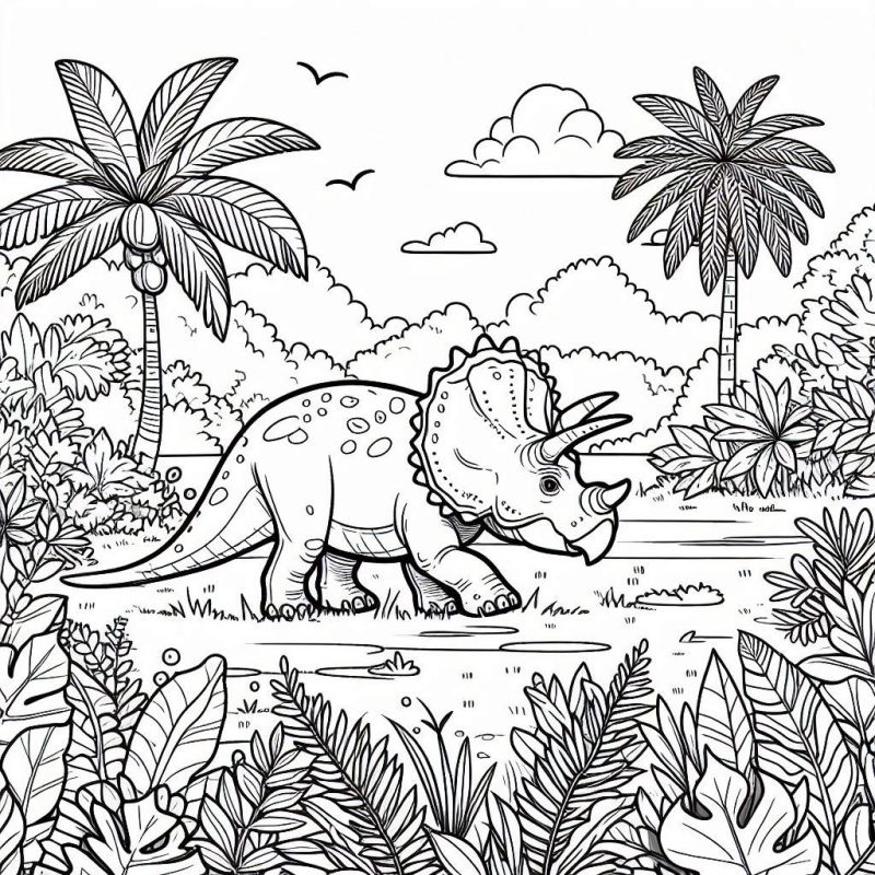 Cenário Pré-Histórico com Triceratops para Colorir