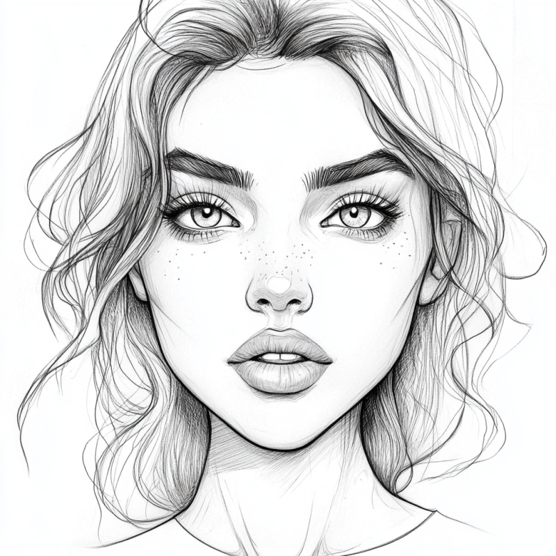 Desenho linha de rosto feminino com olhos expressivos e cabelo ondulado para colorir