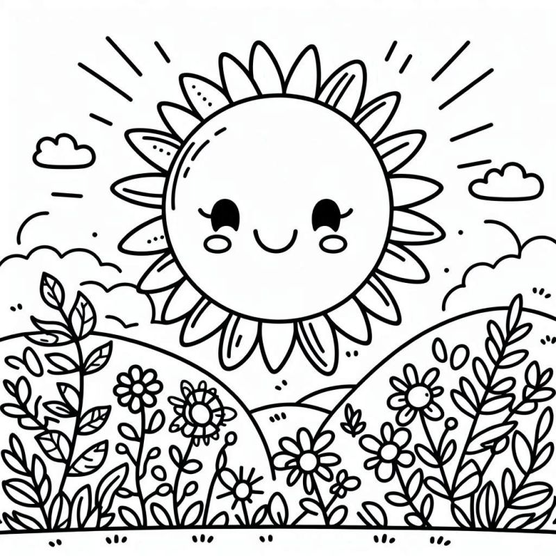 Desenho de sol sorridente com flores para colorir