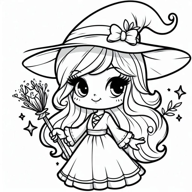 Desenho detalhado de uma jovem bruxinha chibi para colorir ideal para Halloween