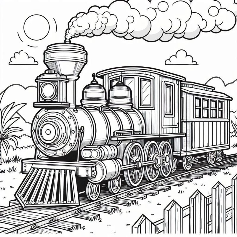 Desenho detalhado de trem clássico com locomotiva a vapor e vagão de passageiros para colorir