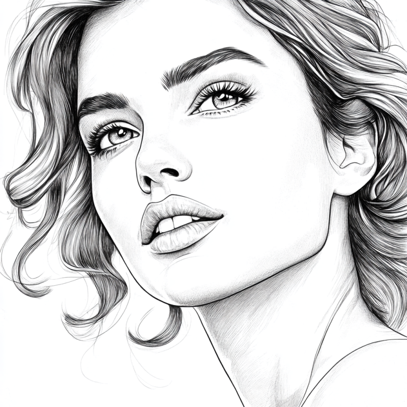 Desenho de rosto feminino estilo esboço para colorir, com detalhes realistas