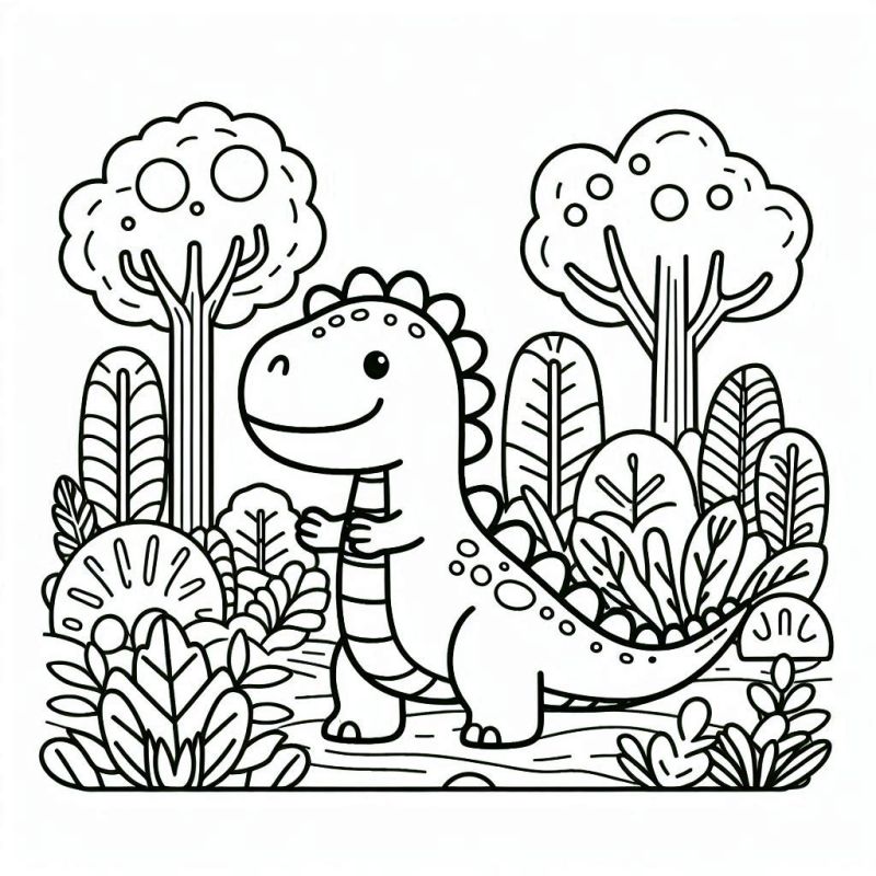 Desenho de Dinossauro Amigável em Floresta para Colorir