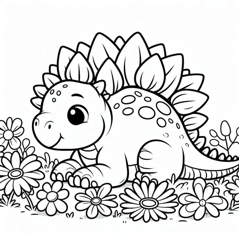 Desenho de um estegossauro fofo com flores ao redor para colorir