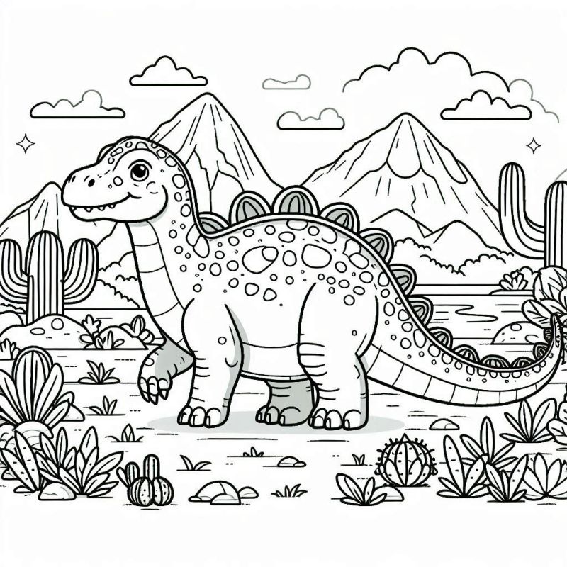 Colorir Dino Amigável com Cenário de Montanhas