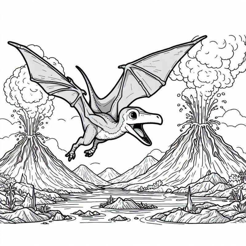 Desenho de Pterodáctilo Voando sobre Vulcões para Colorir