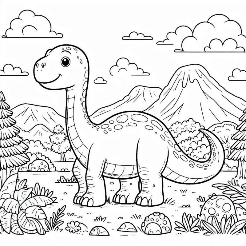 Desenho de dinossauro amigável em cenário pré-histórico para colorir