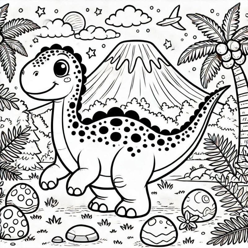 Dinossauro amigável em cenário pré-histórico para colorir