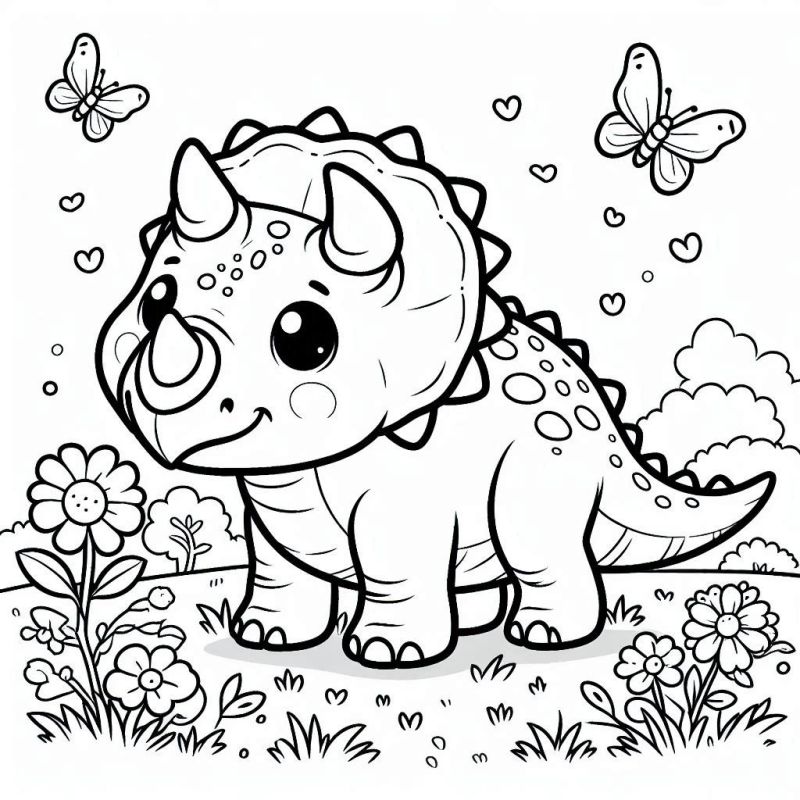 Tricerátopo Fofo no Jardim: Um Desenho para Colorir