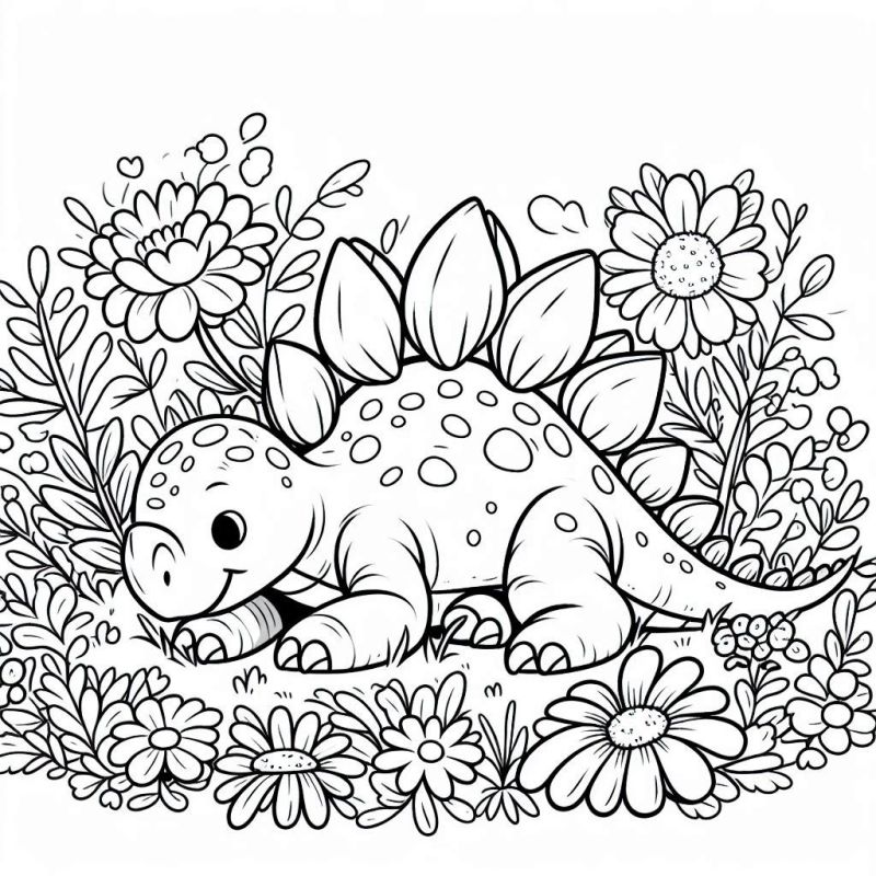 Desenho de Dinossauro Cartoon em Cenário Floral para Colorir