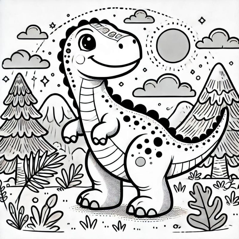 Desenho de Dinossauro Adorável com Cenário Mágico para Colorir