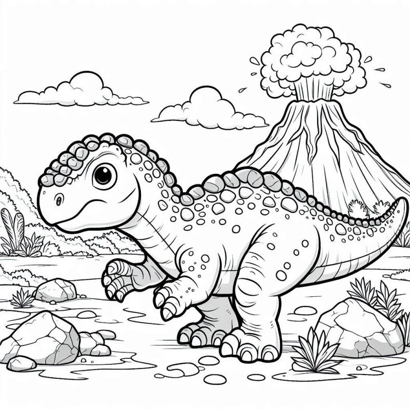 Desenho de Adorável Dinossauro com Vulcão em Erupção